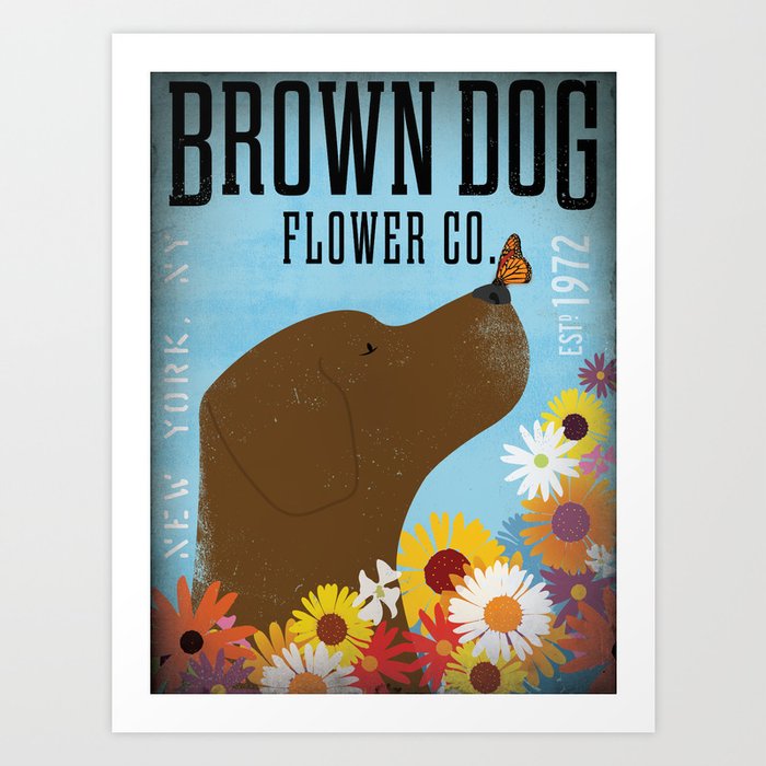 brown dog, lab, labrador, flowers, floral, florist, art Art Print