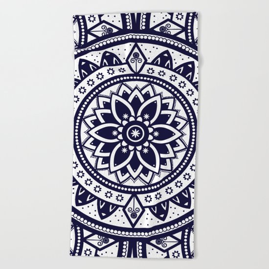 Blue & White Patterned Flower Mandala Design Beach Towel
