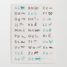 Swedish alphabet animals teal Poster