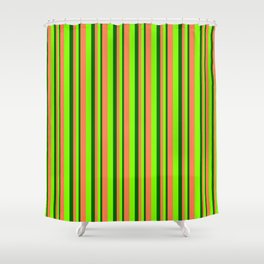 [ Thumbnail: Dark Green, Chartreuse & Coral Colored Lined/Striped Pattern Shower Curtain ]