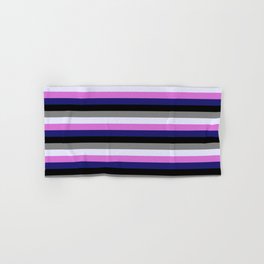 [ Thumbnail: Colorful Orchid, Midnight Blue, Black, Grey, and Lavender Colored Pattern of Stripes Hand & Bath Towel ]