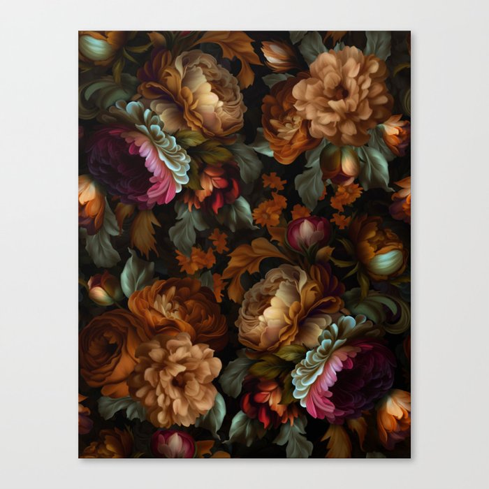 Baroque Dark Midnight Burgundy And Gold Flower Garden  Canvas Print
