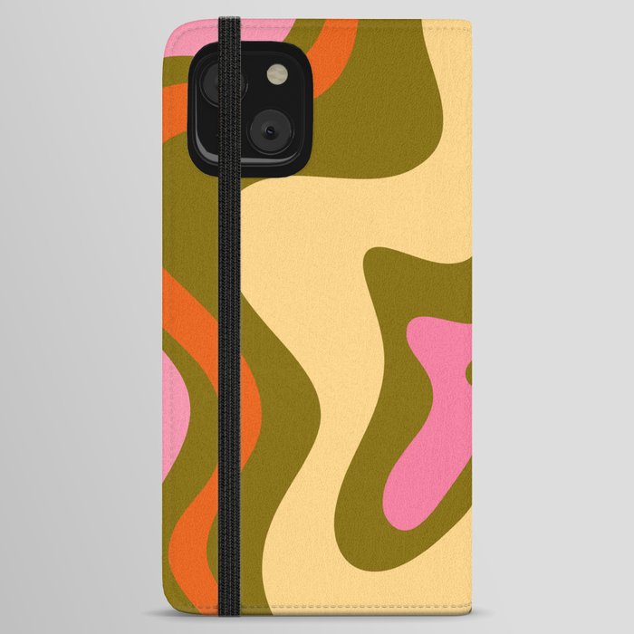 Retro Liquid Swirl Abstract Pattern Square Olive Green Yellow Blue Pink Orange iPhone Wallet Case