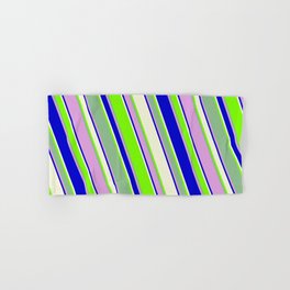 [ Thumbnail: Vibrant Blue, Beige, Green, Dark Sea Green, and Plum Colored Pattern of Stripes Hand & Bath Towel ]
