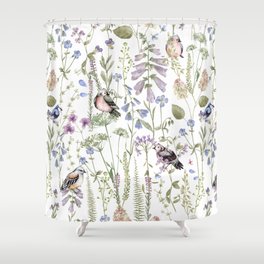 Hand Painted Watercolor Wildflowers And Birds Meadow Shower Curtain