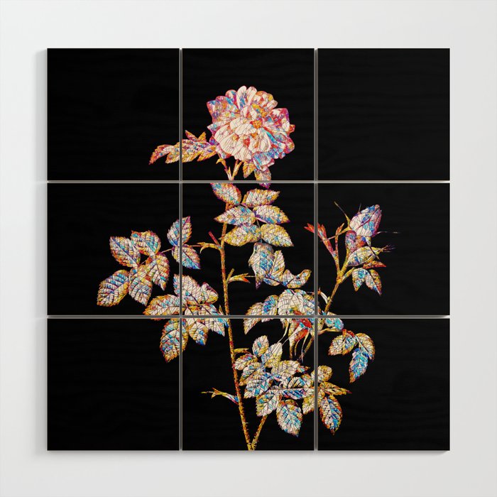 Floral Pink Rosebush Mosaic on Black Wood Wall Art