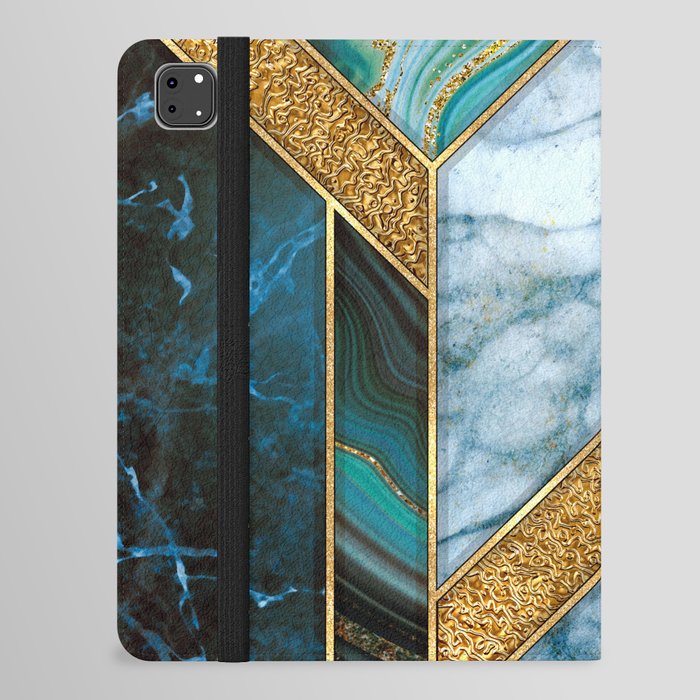 Art Deco Peacock Teal + Gold Marble Geode Chevron iPad Folio Case
