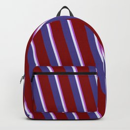 [ Thumbnail: Orchid, Lavender, Dark Slate Blue, and Maroon Colored Striped Pattern Backpack ]