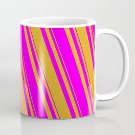 [ Thumbnail: Goldenrod and Fuchsia Colored Lined/Striped Pattern Coffee Mug ]