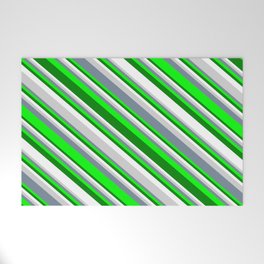 [ Thumbnail: Eyecatching Light Gray, Light Slate Gray, Lime, Green, and White Colored Striped Pattern Welcome Mat ]