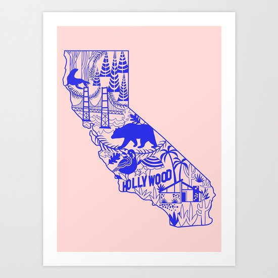 California Wycinanki Pink and Blue Art Print