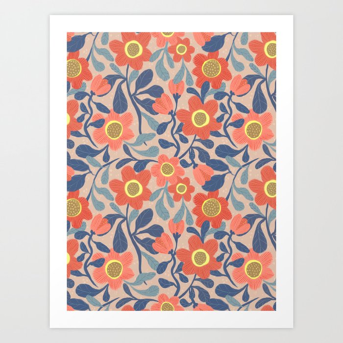 Coral Pink and Blue Flowers Art Print