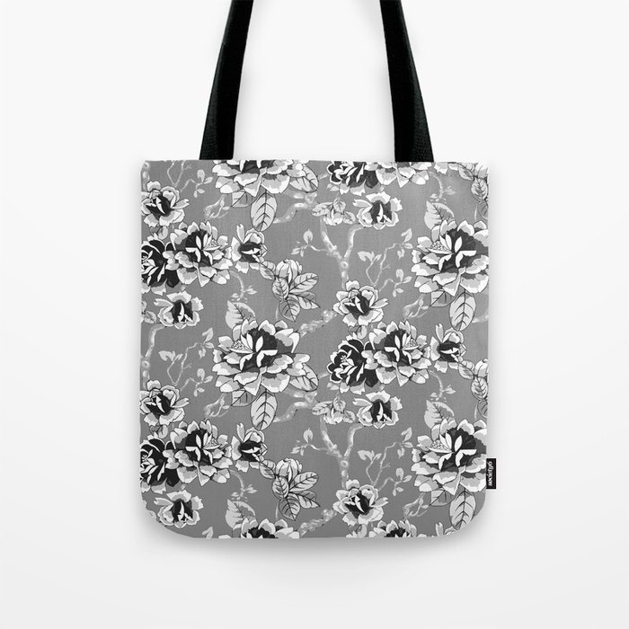 Spring Flowers Pattern Black and White Tote Bag