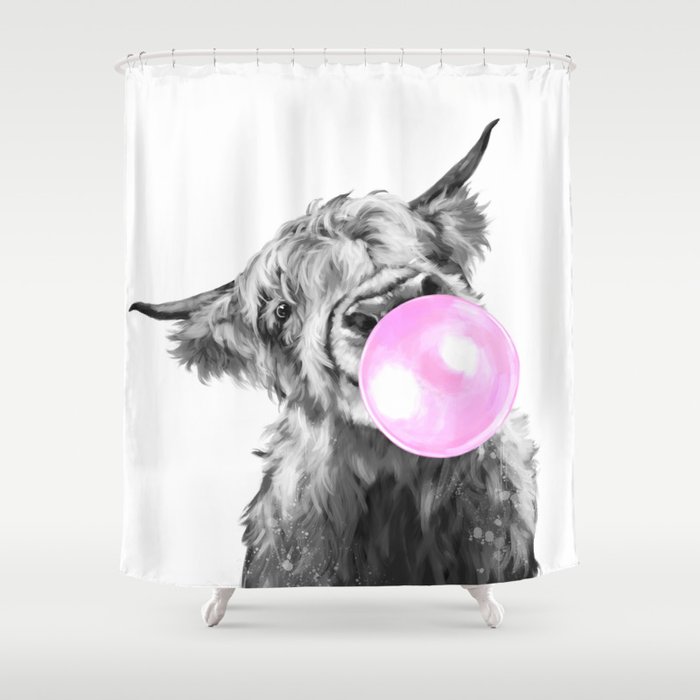 Bubble Gum Highland Cow Black and White Shower Curtain