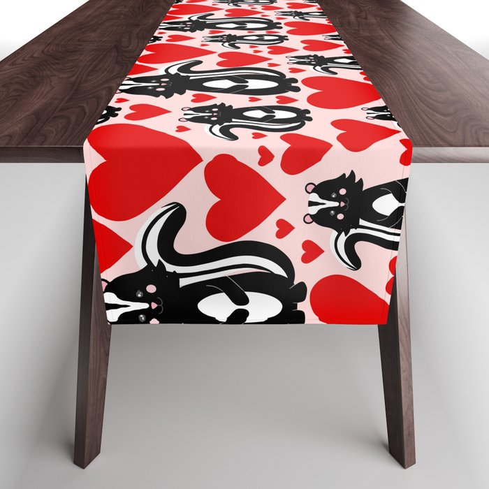 Valentine's Pink Skunk Heart Illustration Pattern Table Runner