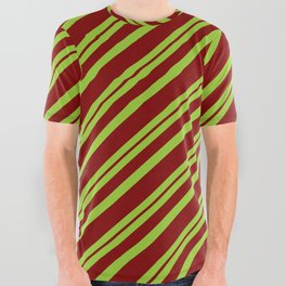 [ Thumbnail: Green & Maroon Colored Pattern of Stripes All Over Graphic Tee ]