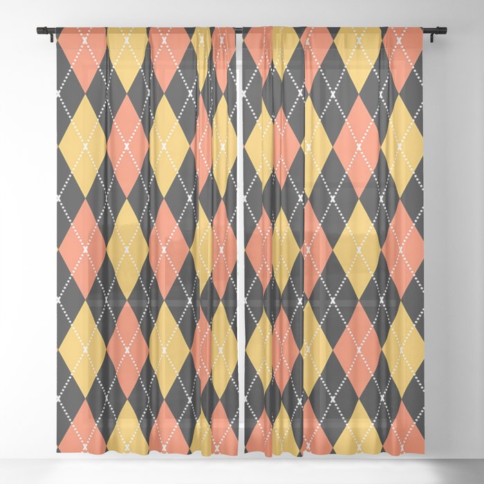 Salmon Orange And Yellow Argyle Pattern Diamond Geometrical Quilt Knit Sweater Tartan  Sheer Curtain