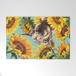 Highland Cow with Sunflowers in Blue Welcome Mat