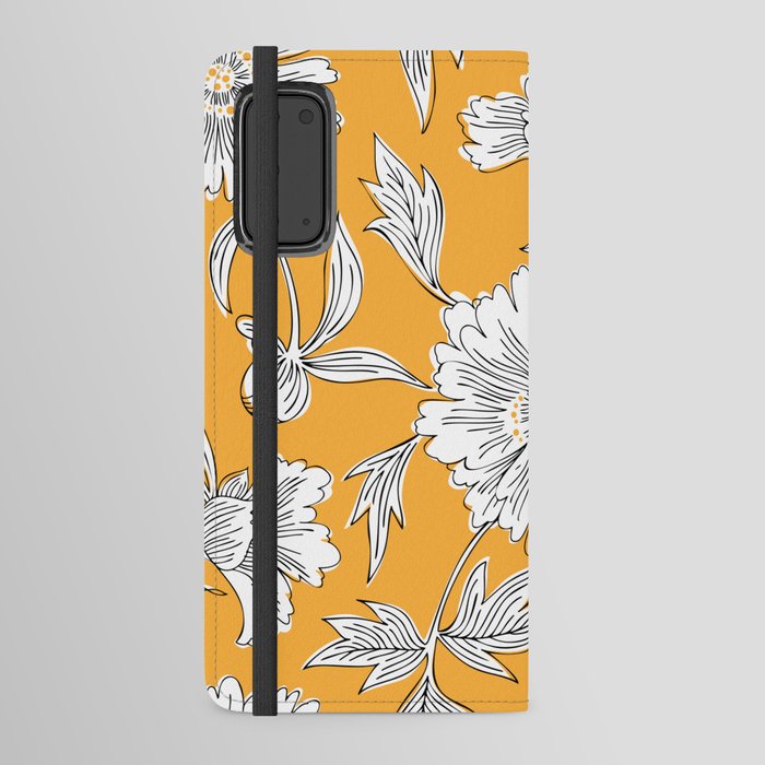 Hand drawn abstract garden flowers. Contour drawing. Large daisy heads in bloom. Summer floral seamless pattern. Line art flowers. Detailed outline sketch drawing. Android Wallet Case