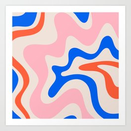 Retro Liquid Swirl Abstract Pattern Square Pink, Orange, and Royal Blue Art Print