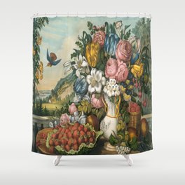 Landscape – Fruit and Flowers by Frances Flora Bond Palmer published by Currier & Ives 1862 Hand-colored lithograph Shower Curtain