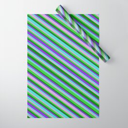 [ Thumbnail: Turquoise, Plum, Lime Green, Green & Purple Colored Lined Pattern Wrapping Paper ]