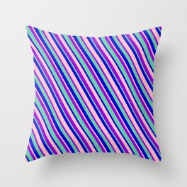 [ Thumbnail: Dark Violet, Aquamarine, Blue & Pink Colored Lines Pattern Throw Pillow ]