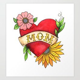 Mom Heart Tattoo Watecolor with Flowers Art Print