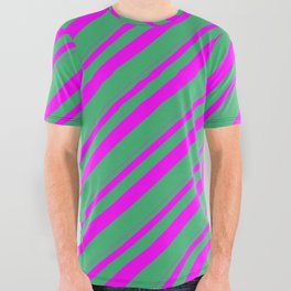 [ Thumbnail: Fuchsia and Sea Green Colored Stripes/Lines Pattern All Over Graphic Tee ]