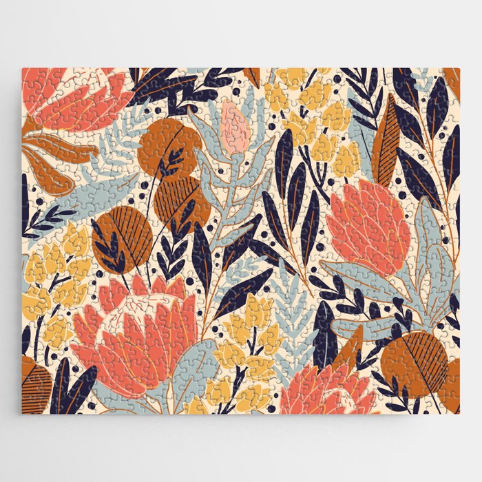Protea and eucalyptus leaves pattern. Seamless motif. Vintage illustration Jigsaw Puzzle