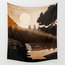 Golden Glimmer Mountain River Wall Tapestry