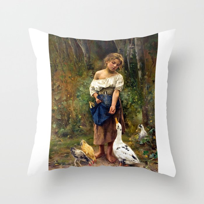 Joan Brull Vinyoles Girl Feeding a Goose and Chickens Throw Pillow