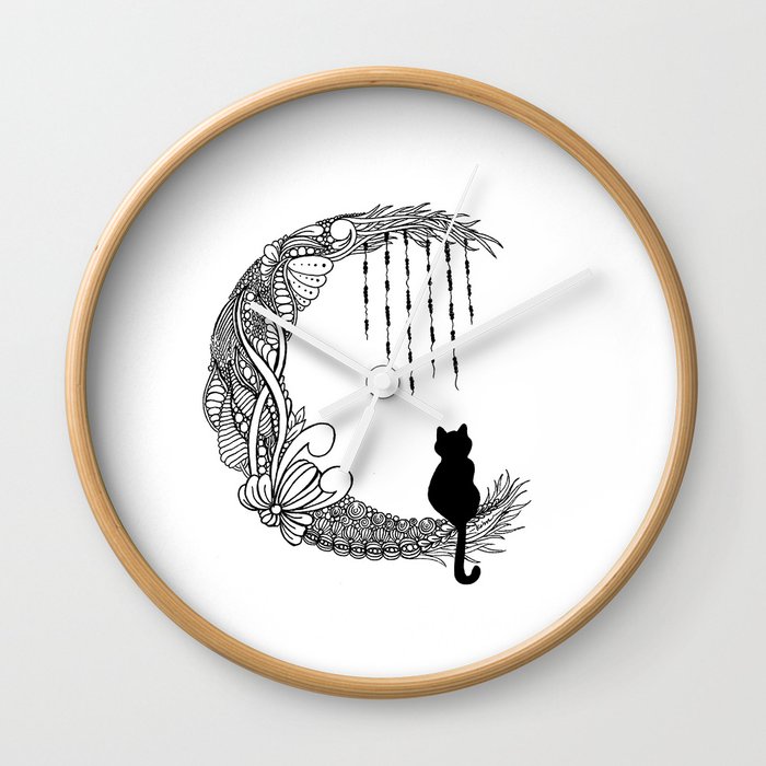 Black Cat Crescent Moon Wall Clock By Kimdeverthibodeaux Society6