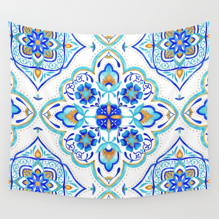 Hand Painted Moroccan Tiles Aqua And Gold Wall Tapestry By Hand Painted Moroccan Tiles Aqua And Gold Wall Tapestry
