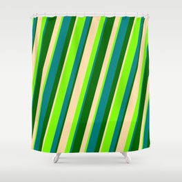 [ Thumbnail: Teal, Dark Green, Tan, and Green Colored Striped/Lined Pattern Shower Curtain ]