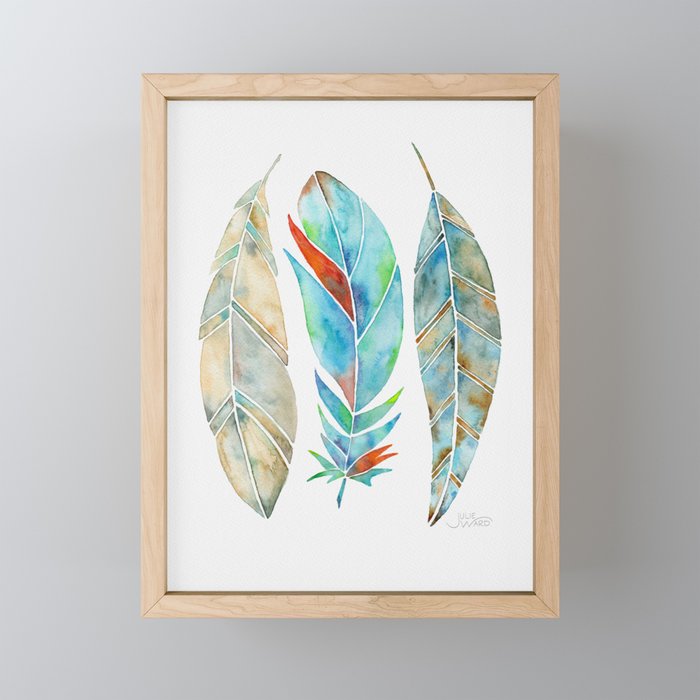 Watercolor Feathers - Tan & Turquoise  Framed Mini Art Print
