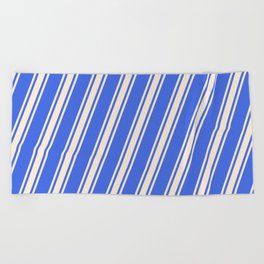 [ Thumbnail: Royal Blue & Beige Colored Striped Pattern Beach Towel ]