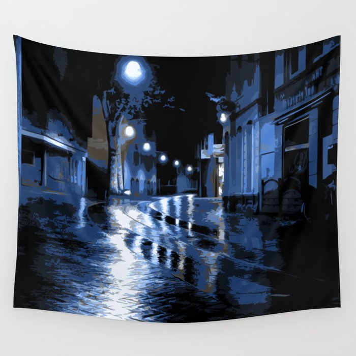 Blue rainy night on the street Wall Tapestry