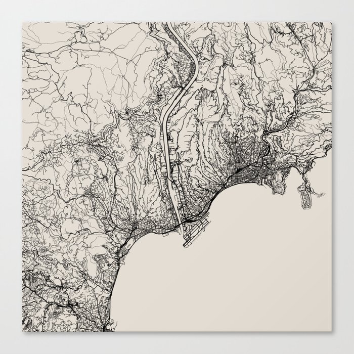 France, Nice City Map Drawing - Black and White Canvas Print
