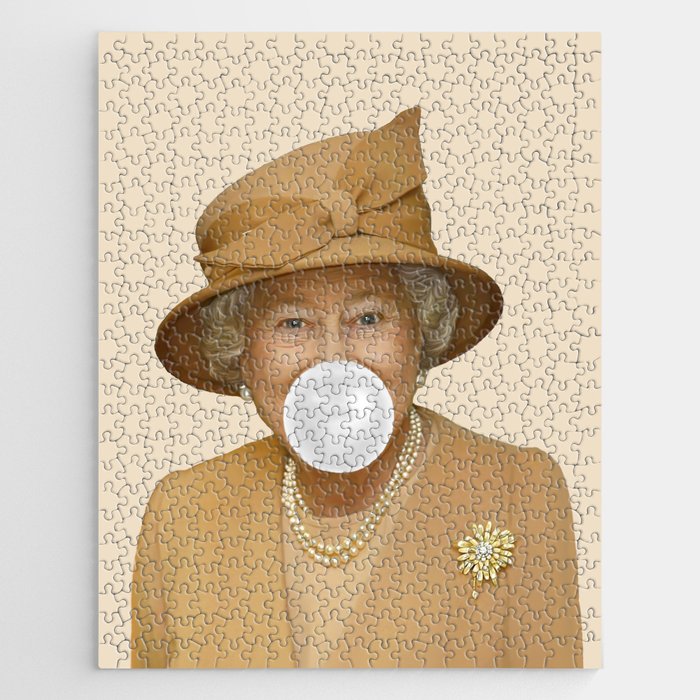 Queen Elizabeth II blowing a white bubble gum Jigsaw Puzzle