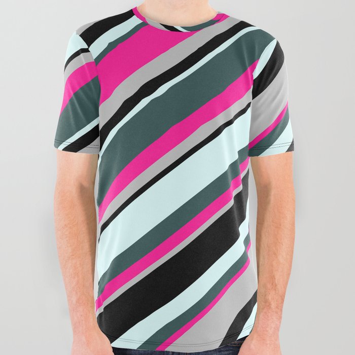 Colorful Light Cyan, Dark Slate Gray, Deep Pink, Grey & Black Colored Lines/Stripes Pattern All Over Graphic Tee