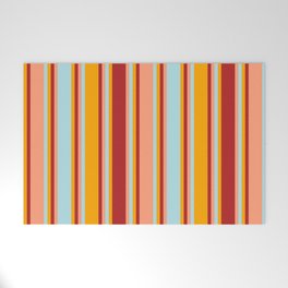 [ Thumbnail: Orange, Red, Light Salmon & Powder Blue Colored Stripes/Lines Pattern Welcome Mat ]