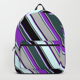 [ Thumbnail: Dark Orchid, Light Cyan, Dark Slate Gray, Grey, and Black Colored Lines Pattern Backpack ]