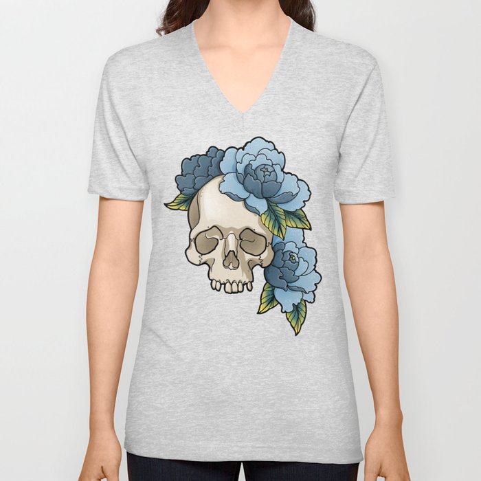 Skull & Blue Peonies V Neck T Shirt