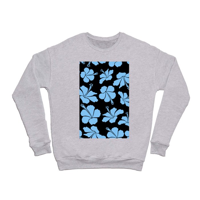 Bright hawaiian seamless pattern with tropical hibiscus flowers on black background in blue colors. Crewneck Sweatshirt