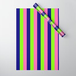 [ Thumbnail: Hot Pink, Blue & Chartreuse Colored Striped Pattern Wrapping Paper ]