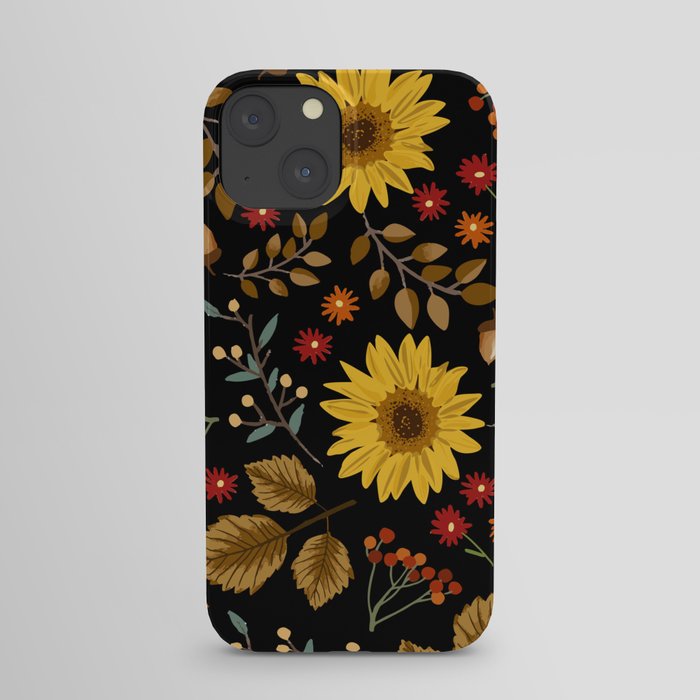 Autumn sunflowers with black background pattern. Maple leaves, sunflowers, flowers ditsy.  iPhone Case