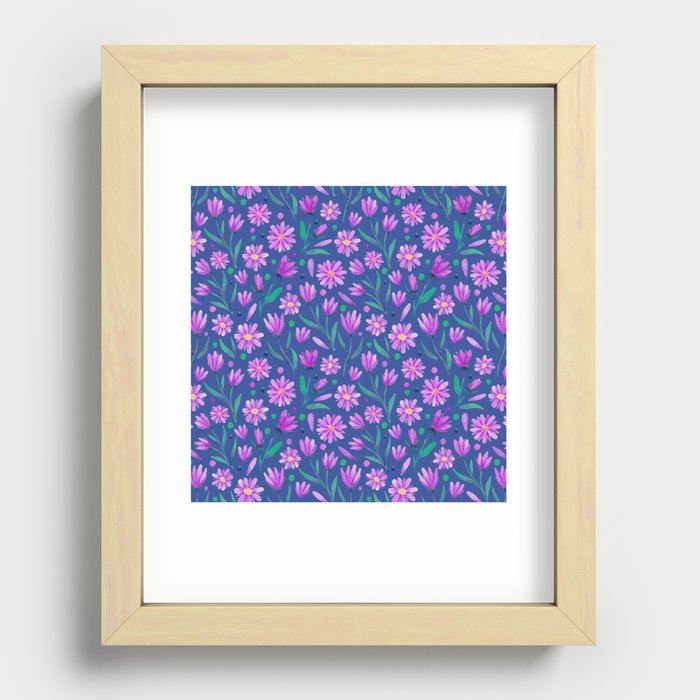 Watercolor florals purple on blue Recessed Framed Print