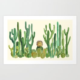 In my happy place - hedgehog meditating in cactus jungle Art Print