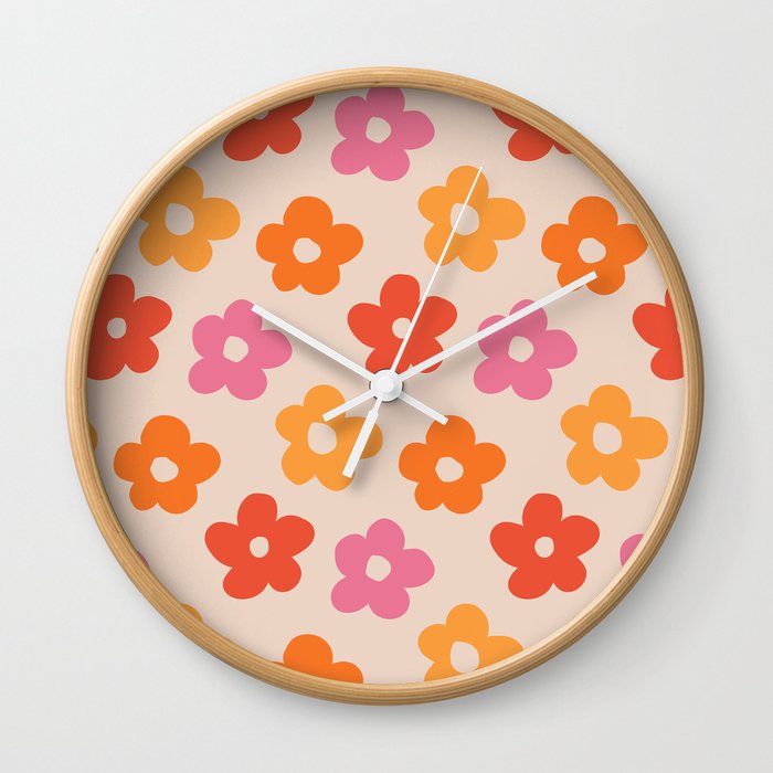 Retro 60s 70s Flowers Pattern #pattern #vintage Wall Clock